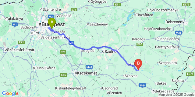 Map: Budapest Airport (BUD), Ferihegy, Liszt Ferenc to Gyomaendrőd