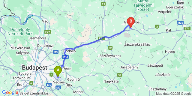 Map: Budapest Airport (BUD), Ferihegy, Liszt Ferenc to Gyöngyöshalász