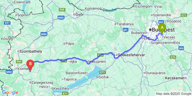Map: Budapest Airport (BUD), Ferihegy, Liszt Ferenc to Győrvár
