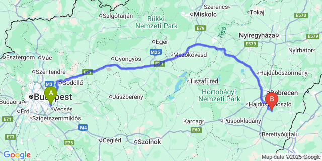 Map: Budapest Airport (BUD), Ferihegy, Liszt Ferenc to Hajdúbagos