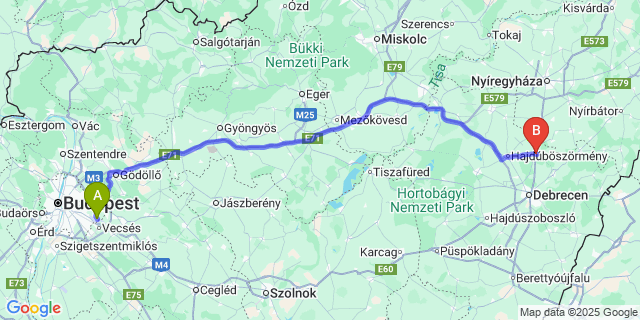 Map: Budapest Airport (BUD), Ferihegy, Liszt Ferenc to Hajdúhadház