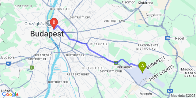 Map: Budapest Airport (BUD), Ferihegy, Liszt Ferenc to Hampton By Hilton Budapest City Centre