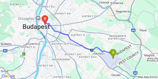 Map: Budapest Airport (BUD), Ferihegy, Liszt Ferenc to happy home Budapest JOY