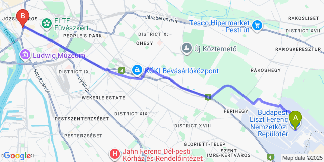 Map: Budapest Airport (BUD), Ferihegy, Liszt Ferenc to happy home Budapest POP