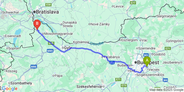 Map: Budapest Airport (BUD), Ferihegy, Liszt Ferenc to Hegyeshalom