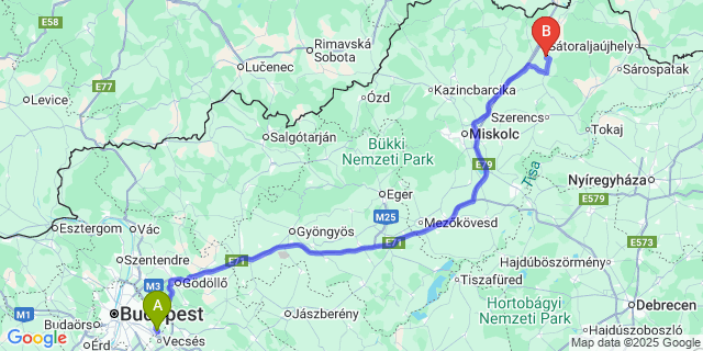 Map: Budapest Airport (BUD), Ferihegy, Liszt Ferenc to Hernádcéce