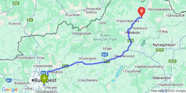 Map: Budapest Airport (BUD), Ferihegy, Liszt Ferenc to Hernádszentandrás