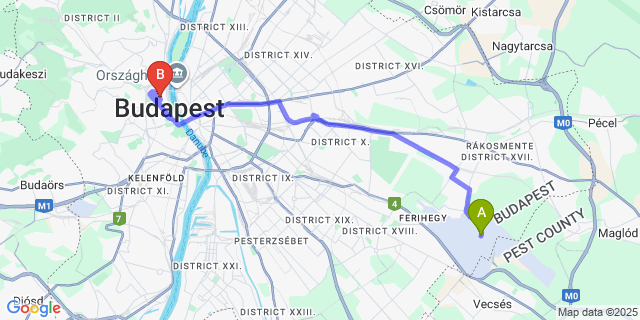 Map: Budapest Airport (BUD), Ferihegy, Liszt Ferenc to Hilton Budapest