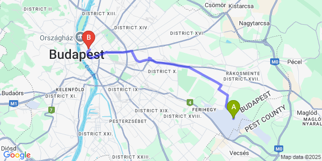Map: Budapest Airport (BUD), Ferihegy, Liszt Ferenc to Hilton Garden Inn Budapest City Centre