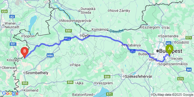 Map: Budapest Airport (BUD), Ferihegy, Liszt Ferenc to Horvátzsidány