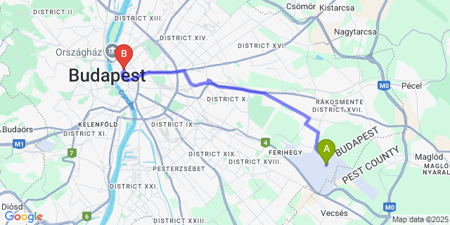 Map: Budapest Airport (BUD), Ferihegy, Liszt Ferenc to Hotel Moments Budapest