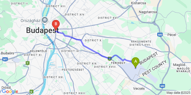 Map: Budapest Airport (BUD), Ferihegy, Liszt Ferenc to Hotel Nemzeti Budapest - Mgallery József krt. 4.