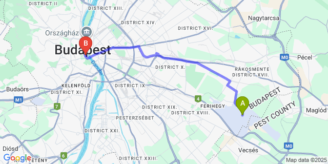 Map: Budapest Airport (BUD), Ferihegy, Liszt Ferenc to Hotel Orion Várkert