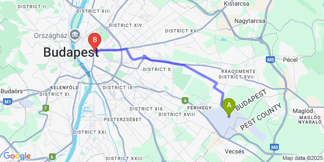 Map: Budapest Airport (BUD), Ferihegy, Liszt Ferenc to Ibis Styles Budapest Center