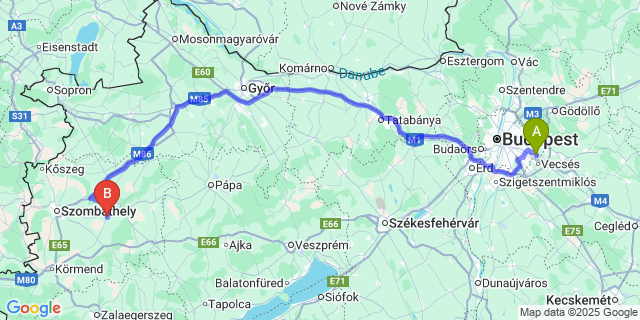Map: Budapest Airport (BUD), Ferihegy, Liszt Ferenc to Ikervár