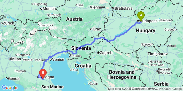 Map: Budapest Airport (BUD), Ferihegy, Liszt Ferenc to Imola