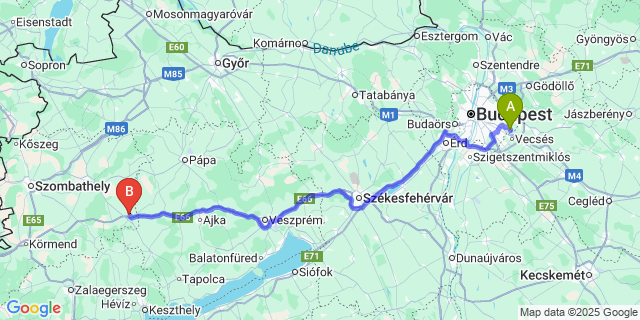 Map: Budapest Airport (BUD), Ferihegy, Liszt Ferenc to Jánosháza