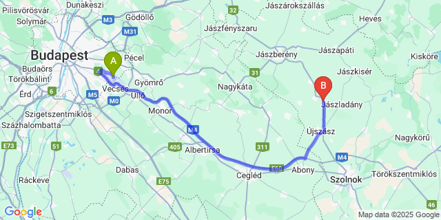 Map: Budapest Airport (BUD), Ferihegy, Liszt Ferenc to Jászalsószentgyörgy