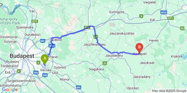 Map: Budapest Airport (BUD), Ferihegy, Liszt Ferenc to Jászapáti