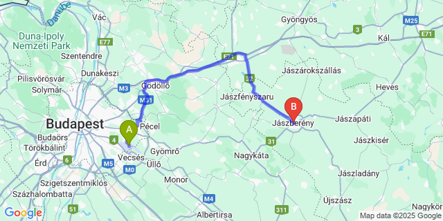 Map: Budapest Airport (BUD), Ferihegy, Liszt Ferenc to Jászberény