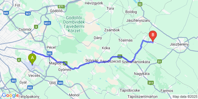 Map: Budapest Airport (BUD), Ferihegy, Liszt Ferenc to Jászfelsőszentgyörgy