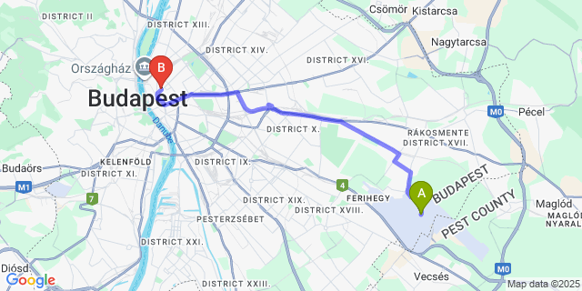 Map: Budapest Airport (BUD), Ferihegy, Liszt Ferenc to K+K Hotel Opera Budapest