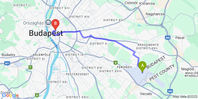 Map: Budapest Airport (BUD), Ferihegy, Liszt Ferenc to K46 Residence Budapest Király utca 46.