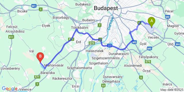 Map: Budapest Airport (BUD), Ferihegy, Liszt Ferenc to Kajászó