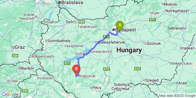 Map: Budapest Airport (BUD), Ferihegy, Liszt Ferenc to Kaposmérő
