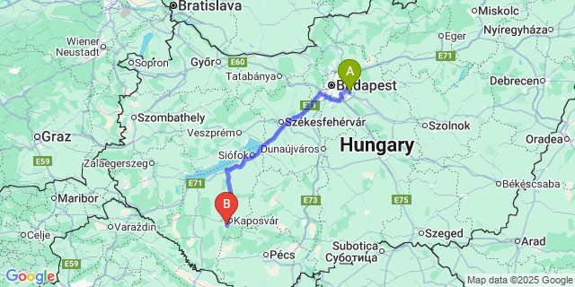 Map: Budapest Airport (BUD), Ferihegy, Liszt Ferenc to Kaposszerdahely