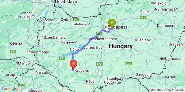 Map: Budapest Airport (BUD), Ferihegy, Liszt Ferenc to Kaposvár
