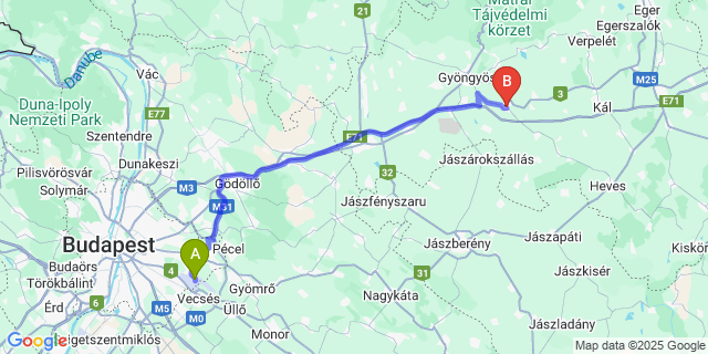 Map: Budapest Airport (BUD), Ferihegy, Liszt Ferenc to Karácsond