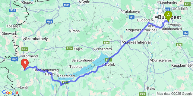 Map: Budapest Airport (BUD), Ferihegy, Liszt Ferenc to Keménfa
