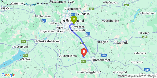 Map: Budapest Airport (BUD), Ferihegy, Liszt Ferenc to Kerekegyháza