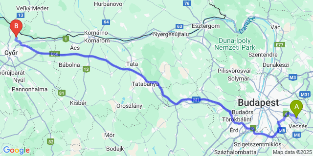 Map: Budapest Airport (BUD), Ferihegy, Liszt Ferenc to Kisbajcs