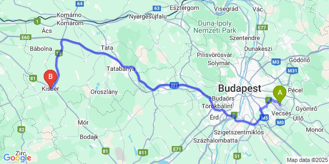 Map: Budapest Airport (BUD), Ferihegy, Liszt Ferenc to Kisbér