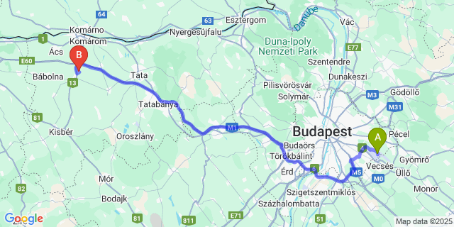 Map: Budapest Airport (BUD), Ferihegy, Liszt Ferenc to Kisigmánd