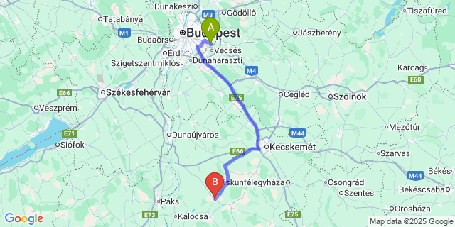 Map: Budapest Airport (BUD), Ferihegy, Liszt Ferenc to Kiskőrös