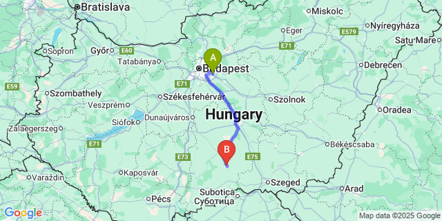 Map: Budapest Airport (BUD), Ferihegy, Liszt Ferenc to Kiskunhalas