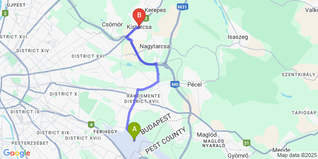 Map: Budapest Airport (BUD), Ferihegy, Liszt Ferenc to Kistarcsa