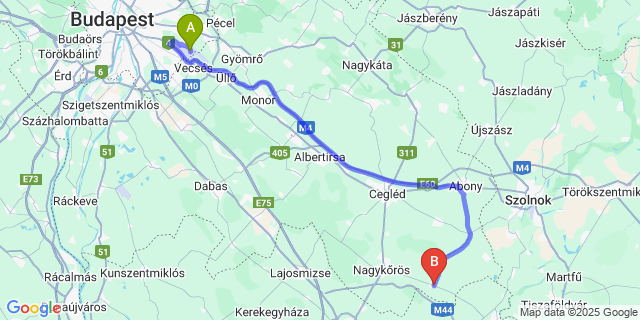 Map: Budapest Airport (BUD), Ferihegy, Liszt Ferenc to Kocsér