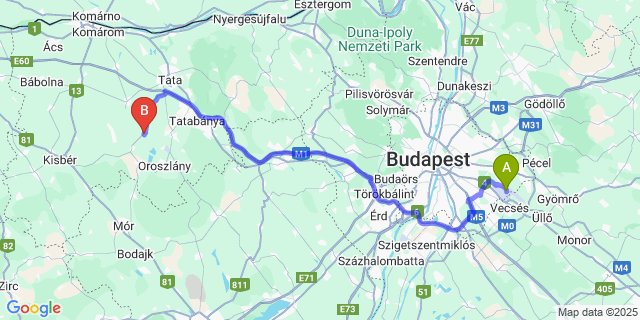Map: Budapest Airport (BUD), Ferihegy, Liszt Ferenc to Kömlőd