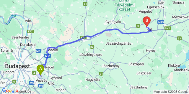 Map: Budapest Airport (BUD), Ferihegy, Liszt Ferenc to Kompolt