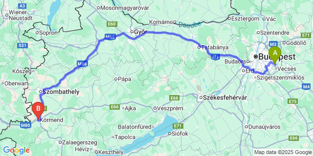 Map: Budapest Airport (BUD), Ferihegy, Liszt Ferenc to Körmend