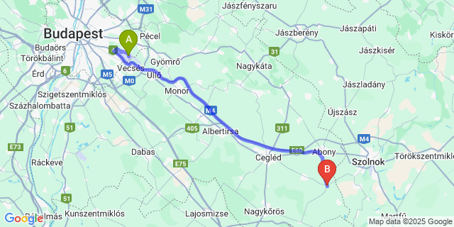 Map: Budapest Airport (BUD), Ferihegy, Liszt Ferenc to Köröstetétlen