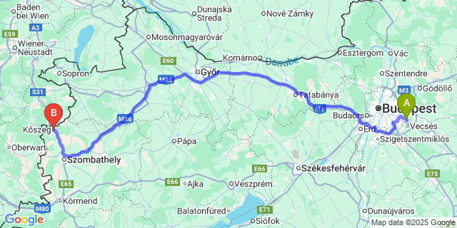 Map: Budapest Airport (BUD), Ferihegy, Liszt Ferenc to Kőszeg