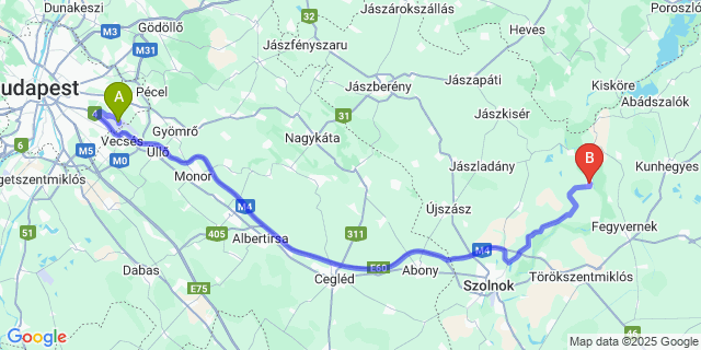 Map: Budapest Airport (BUD), Ferihegy, Liszt Ferenc to Kőtelek