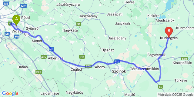 Map: Budapest Airport (BUD), Ferihegy, Liszt Ferenc to Kunhegyes