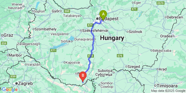 Map: Budapest Airport (BUD), Ferihegy, Liszt Ferenc to Magyarbóly