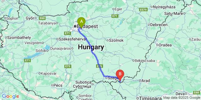 Map: Budapest Airport (BUD), Ferihegy, Liszt Ferenc to Magyarcsanád